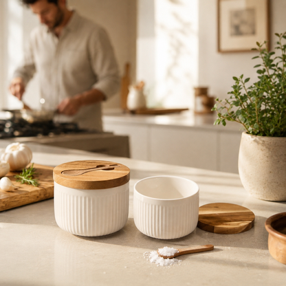 Porcelain and wood salt pot with spoon