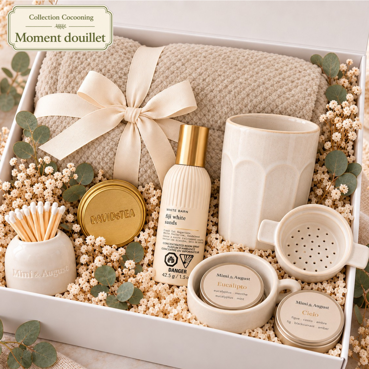 Coffret cadeau Cocooning douillet Lainoha avec jeté taupe, thé, bougies et accessoires détente.