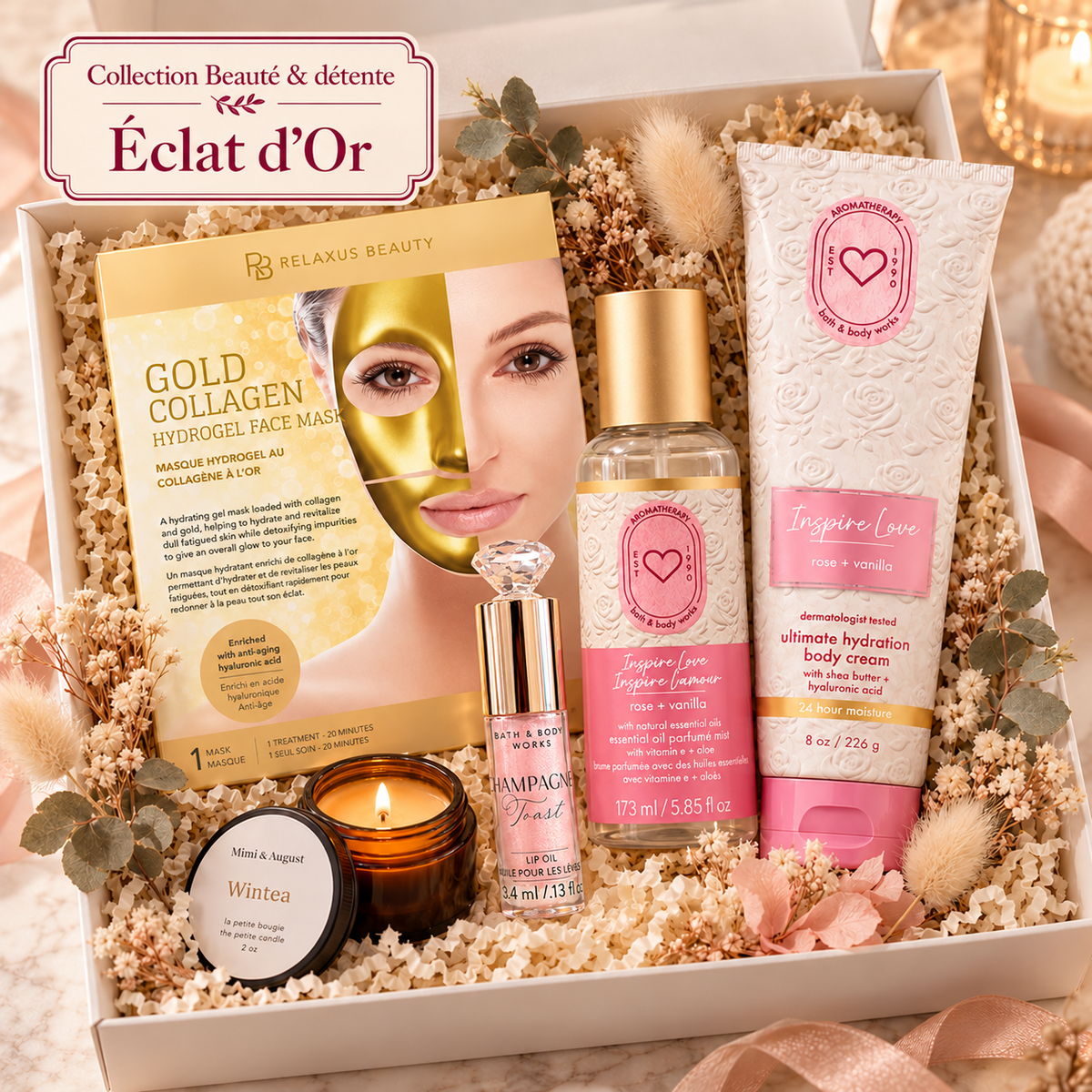 Coffret Éclat d’Or ouvert avec masque Gold Collagen, crème et brume Rose + Vanilla, huile à lèvres Champagne Toast et bougie Wintea.