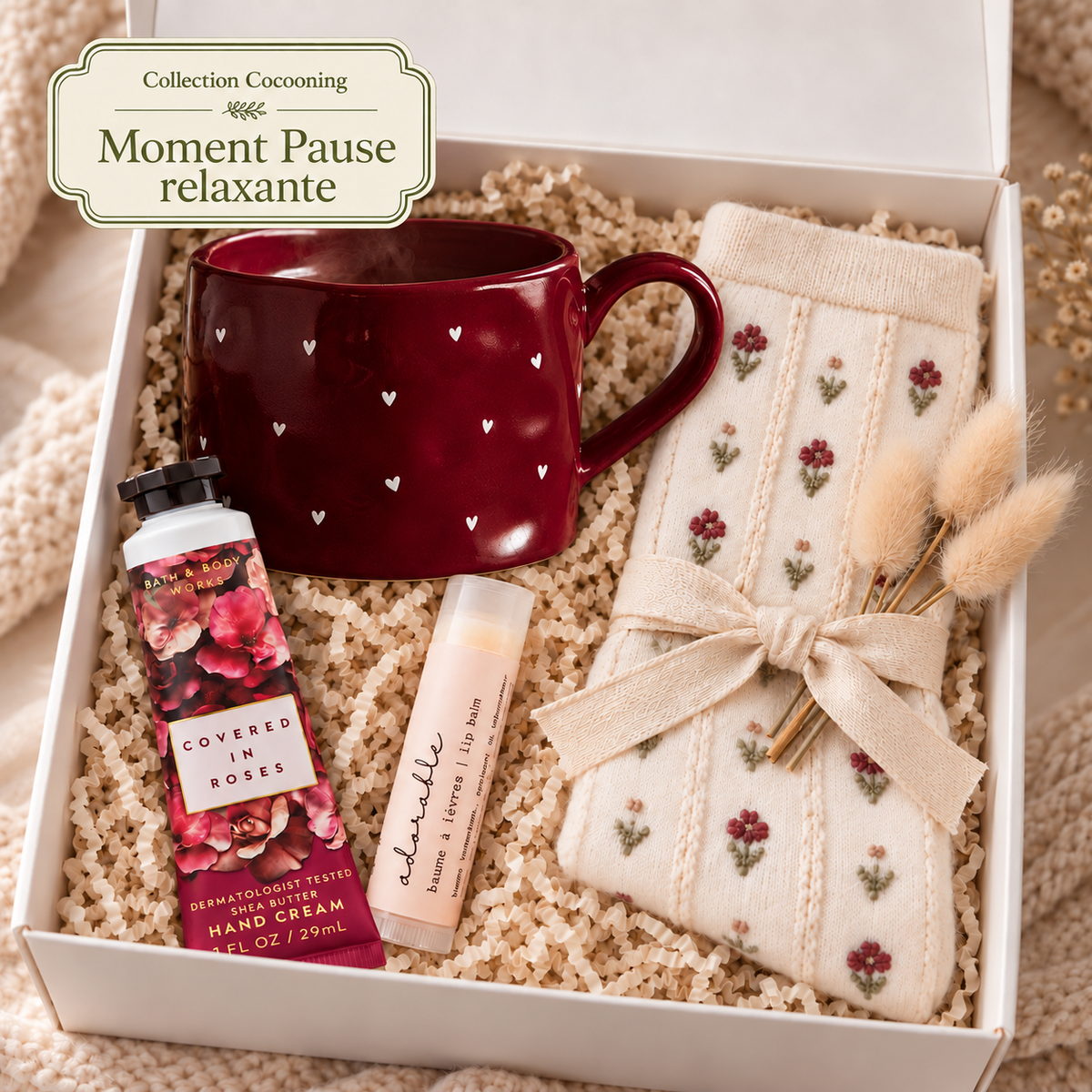 Coffret cadeau cocooning pour femme.  Un moment Pause relaxante avec tasse bourgogne à cœurs, bas fleuris, crème à mains et baume à lèvres.