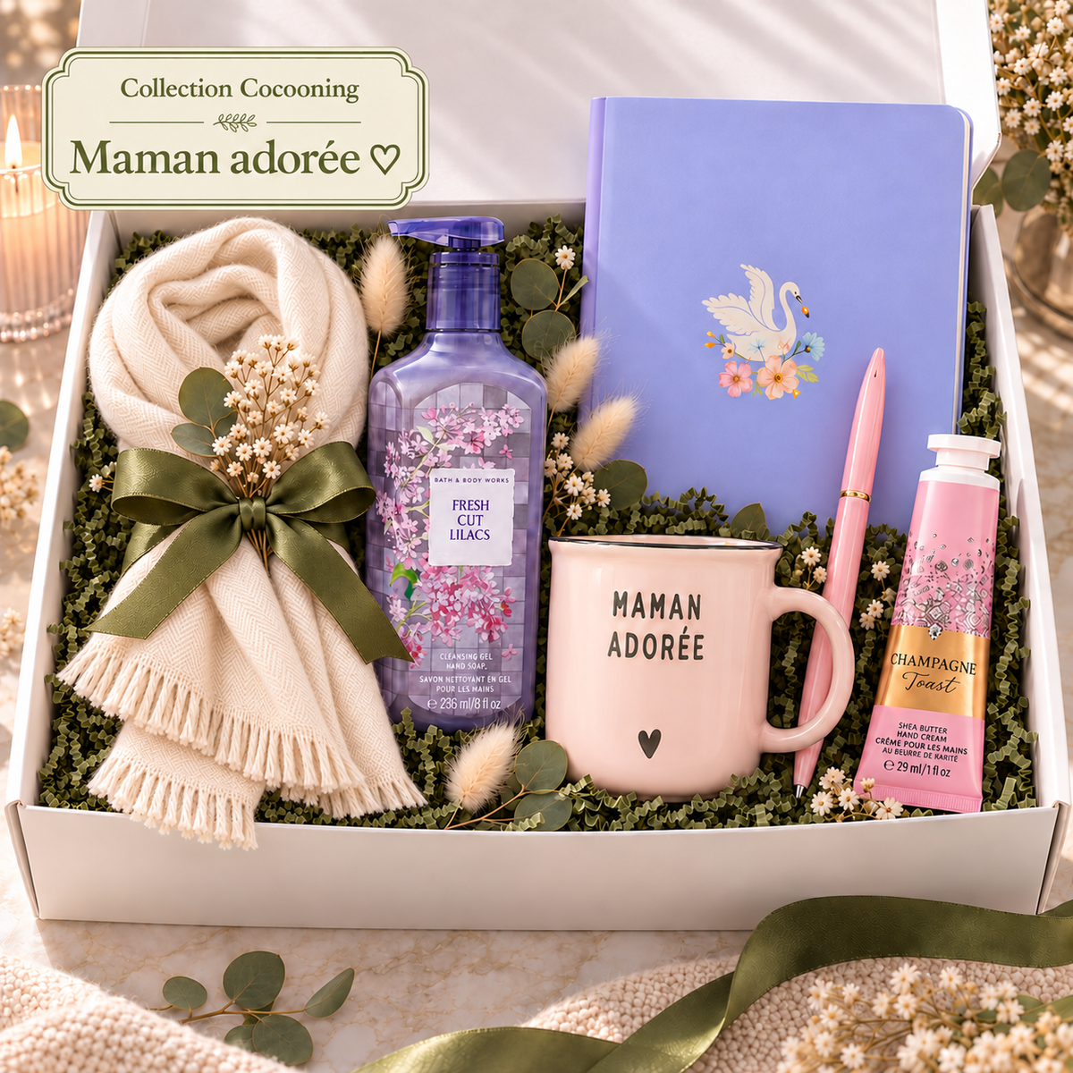 Coffret cadeau Maman adorée avec tasse rose, carnet bleu oiseau poétique et son stylo, foulard crème, savon et crème à mains.