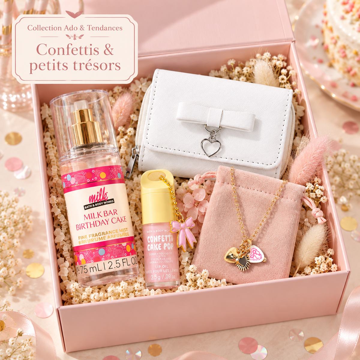 Coffret cadeau rose Confettis & petits trésors pour ado fille, avec parfum Milk Bar Birthday Cake, huile à lèvres Confetti Cake Pop, portefeuille blanc et collier doré.