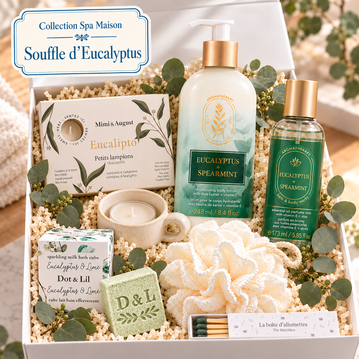 Coffret cadeau spa maison Souffle d’Eucalyptus avec lotion, bruine, cube de bain, lampions et houppette.