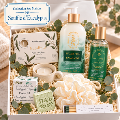 Coffret cadeau spa maison Souffle d’Eucalyptus avec lotion, bruine, cube de bain, lampions et houppette.