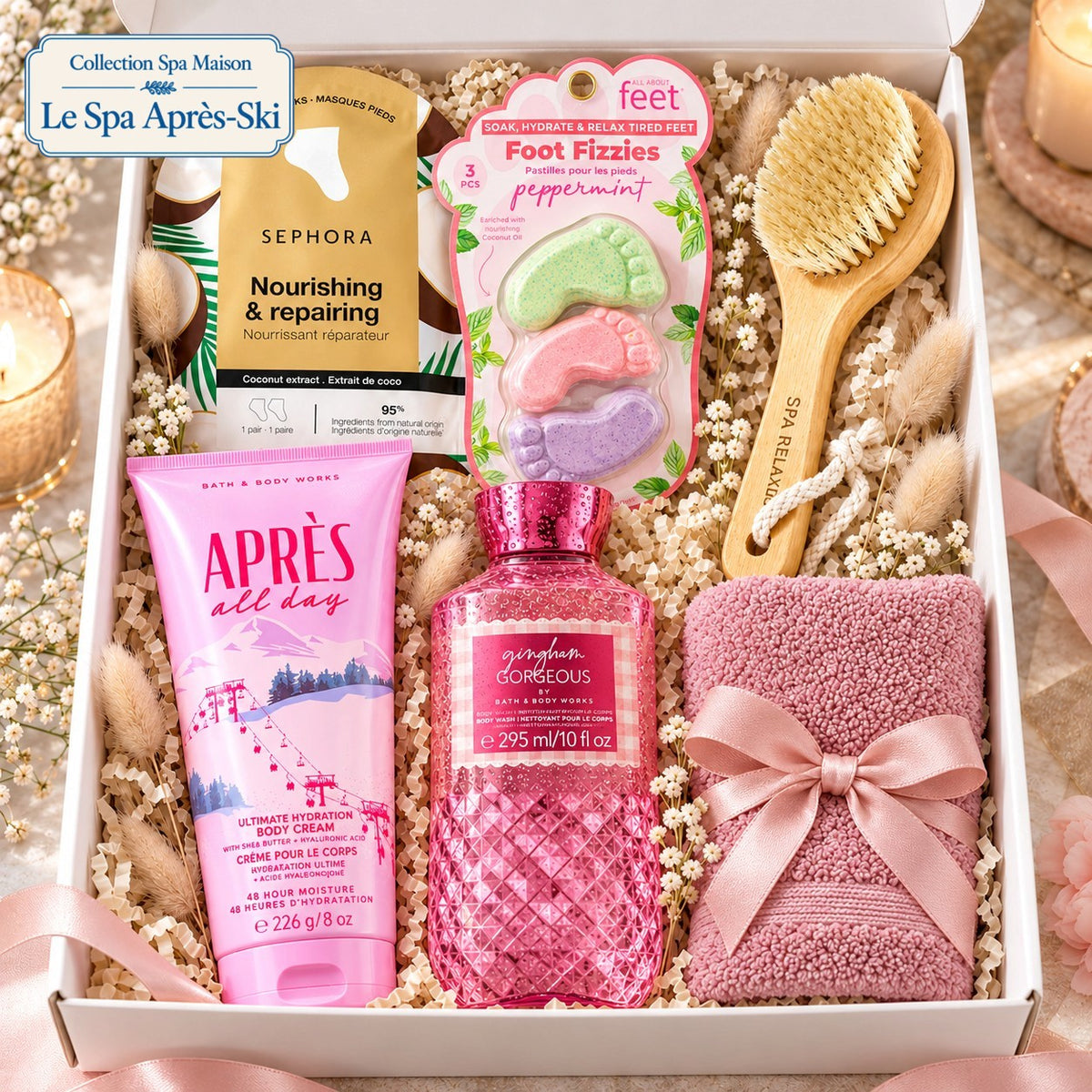 Coffret cadeau spa maison Le Spa Après-Ski avec soins pour les pieds, crème pour le corps, nettoyant, brosse et débarbouillette rose