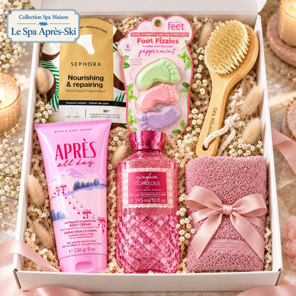 Coffret cadeau spa maison Le Spa Après-Ski avec soins pour les pieds, crème pour le corps, nettoyant, brosse et débarbouillette rose