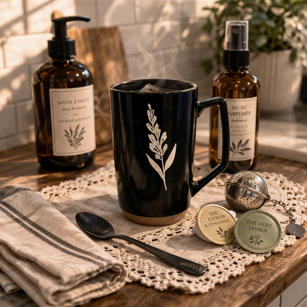 Tasse noire au motif botanique blanc