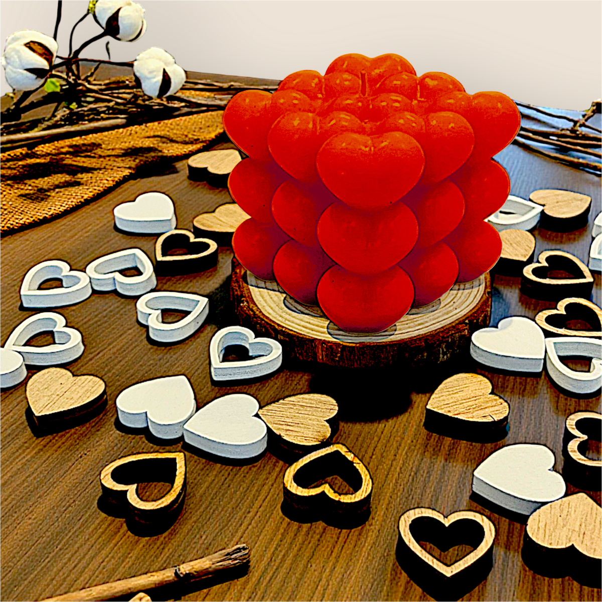 Decorative heart & wood trio – Handmade candle, coaster and confetti