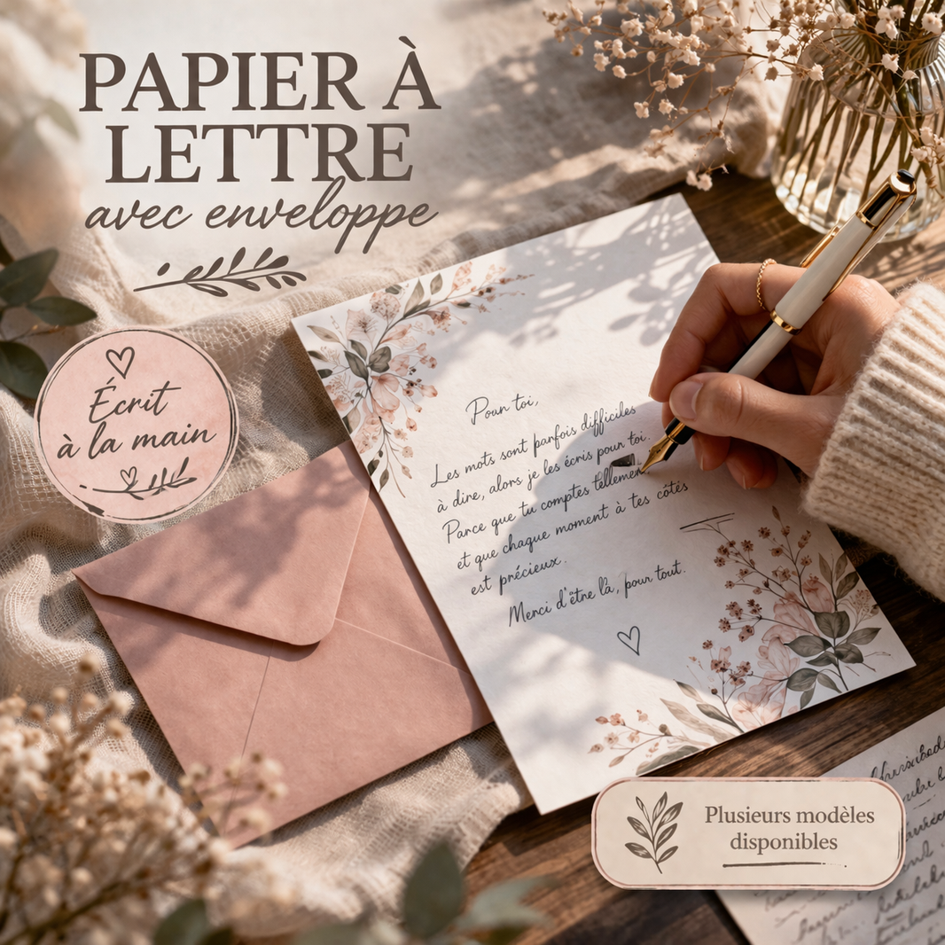 Papier à lettre avec enveloppe – Carte premium - Message écrit à la main - 250 caractères