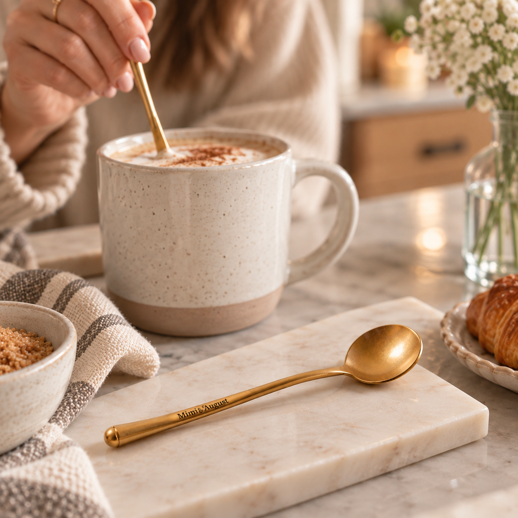 Petite cuillère dorée Mimi & August avec tasse de café dans une cuisine chaleureuse, idéale pour un coffret cadeau pause café.