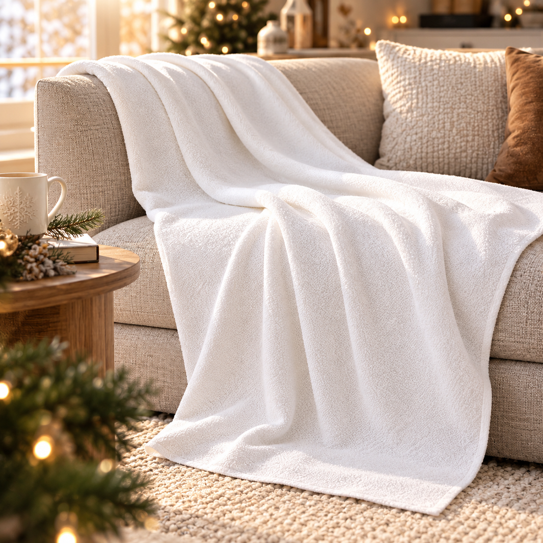 Jeté doux en tricot chenille – Blanc (130 x 150 cm)