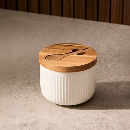 Porcelain and wood salt pot with spoon