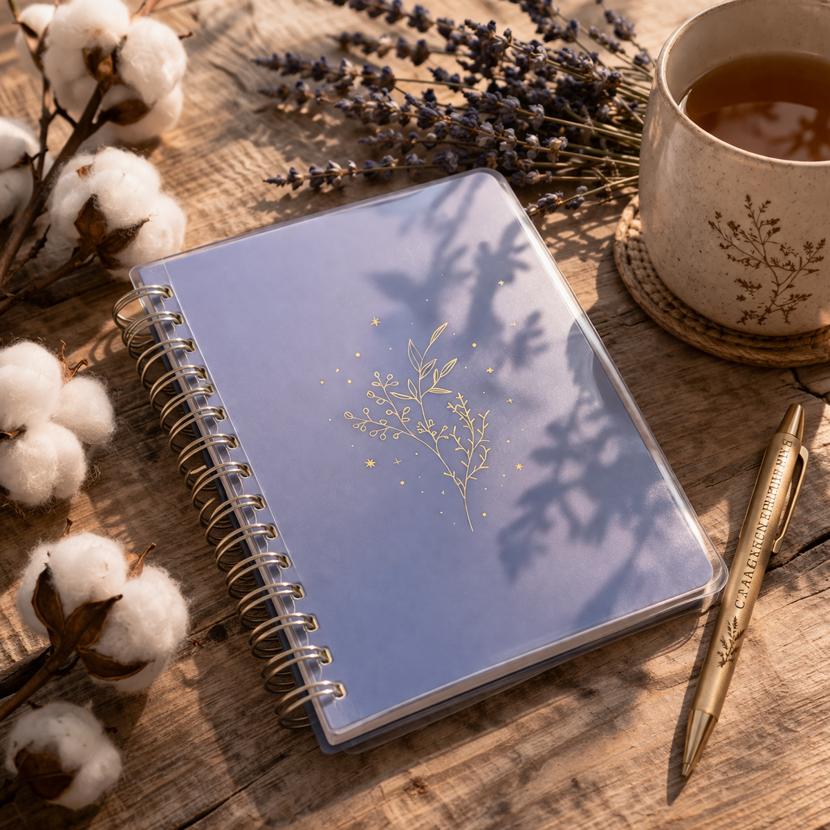 Carnet à spirale dorée – Transparence florale & écriture douce