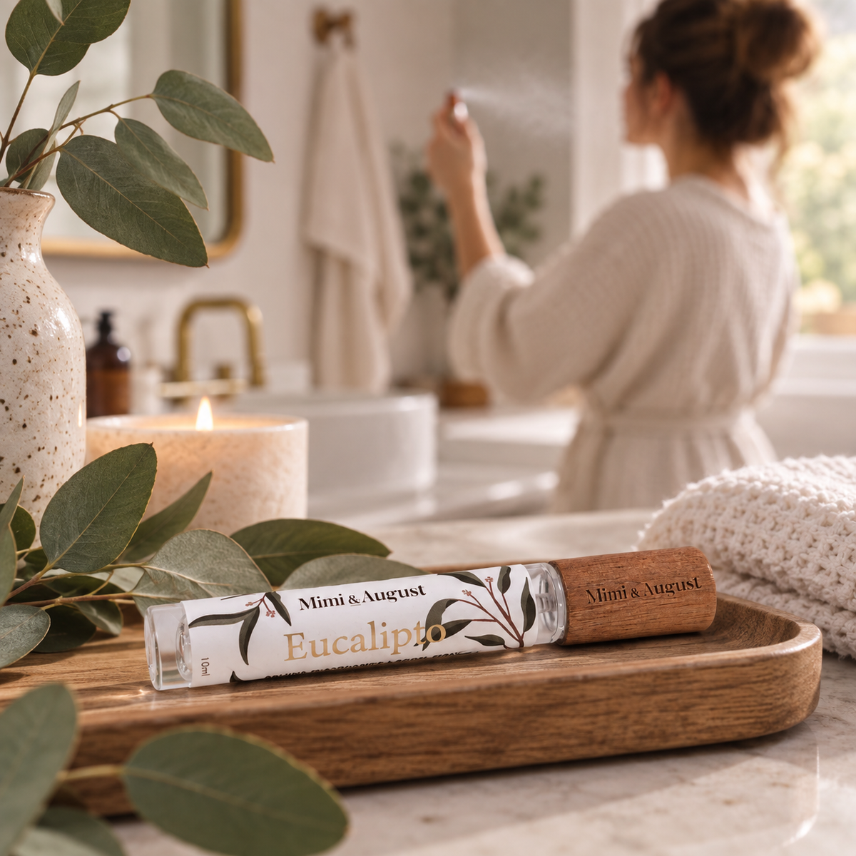 Bruine d’ambiance Eucalipto 10 ml à l’eucalyptus et à la menthe, format voyage pour coffret cadeau et ambiance spa à la maison.