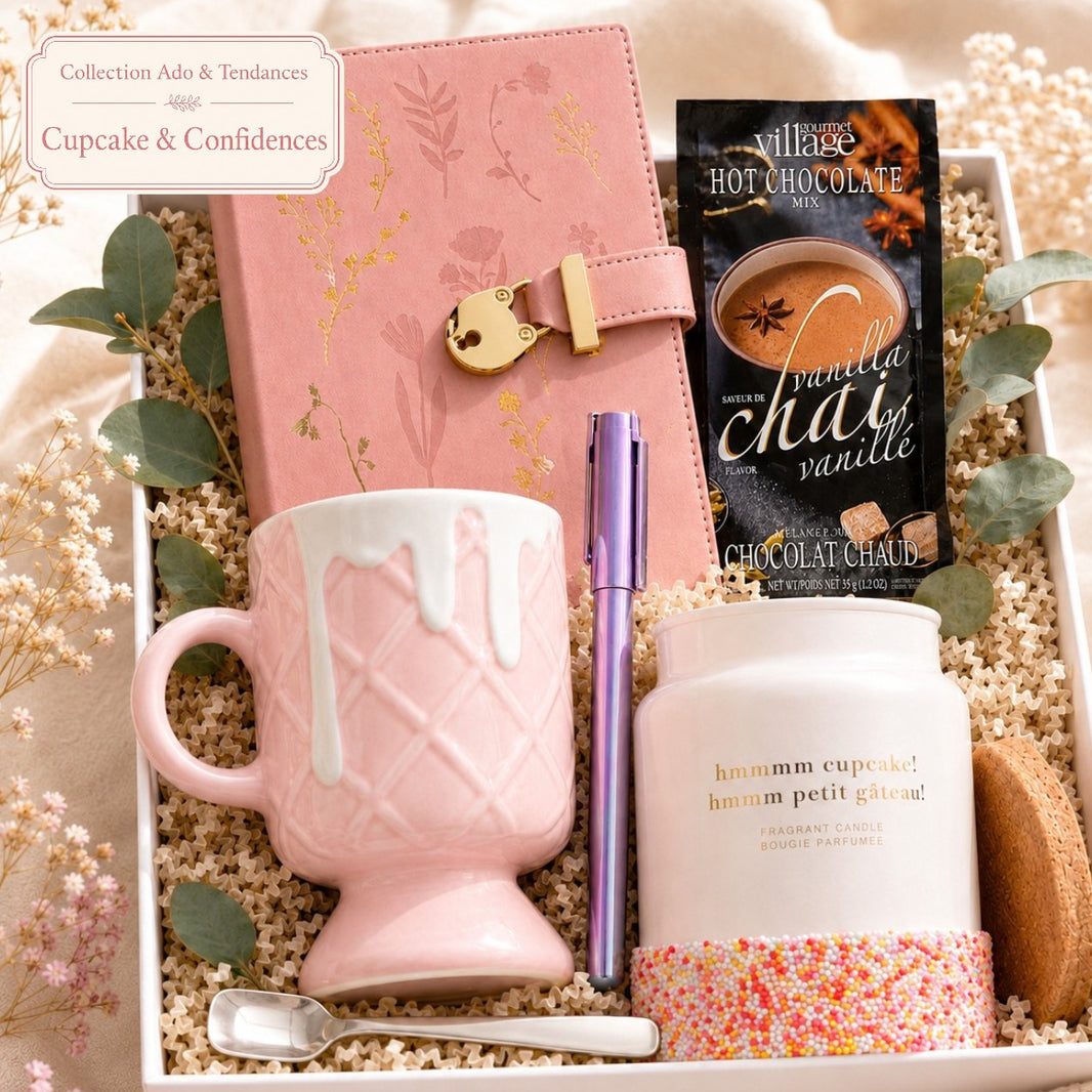 Coffret cadeau ado Cupcake et Confidences avec journal à cadenas, tasse rose, chocolat chaud et bougie cupcake