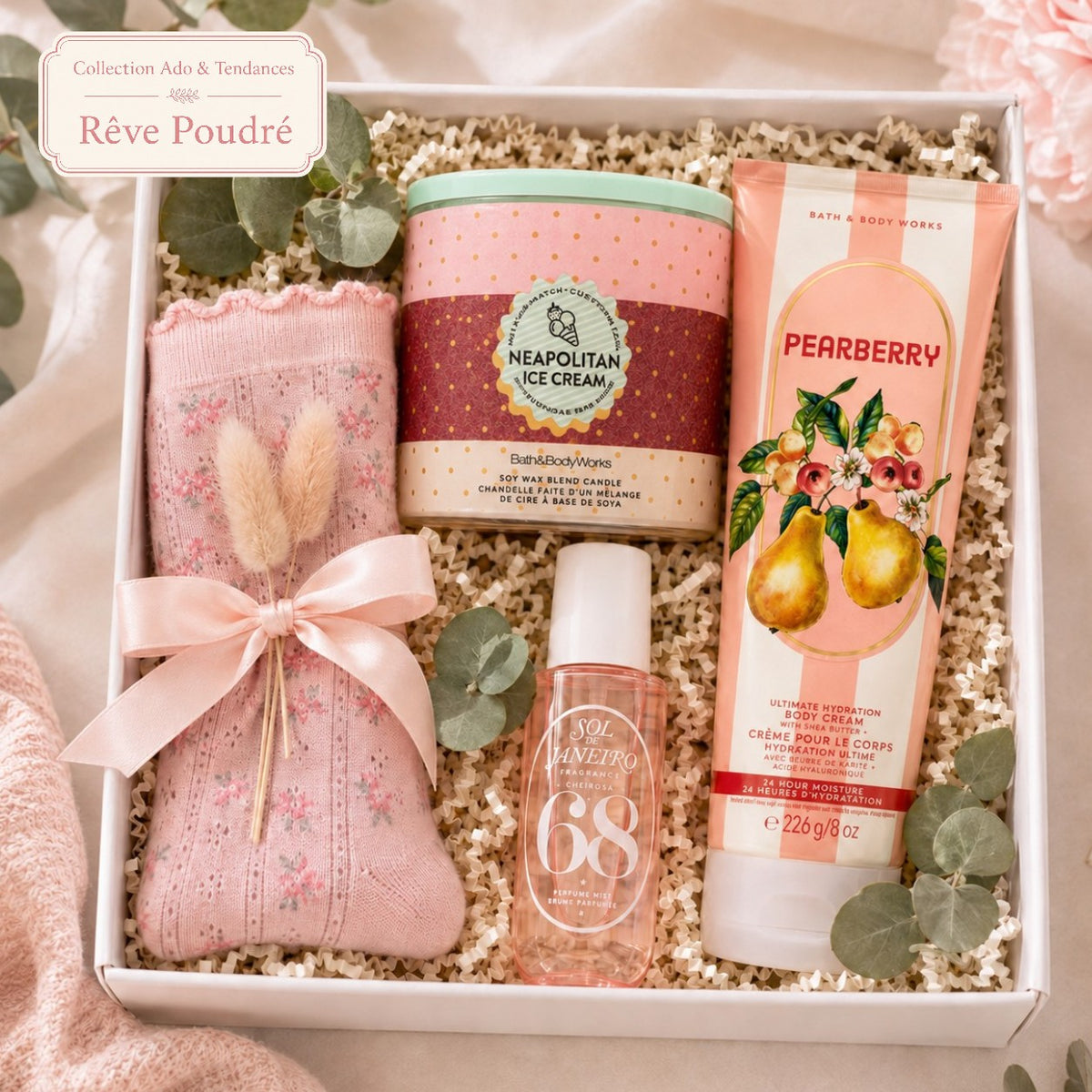 Coffret cadeau ado Rêve Poudré avec bougie Neapolitan Ice Cream, crème Pearberry, brume Sol de Janeiro et bas fleuris