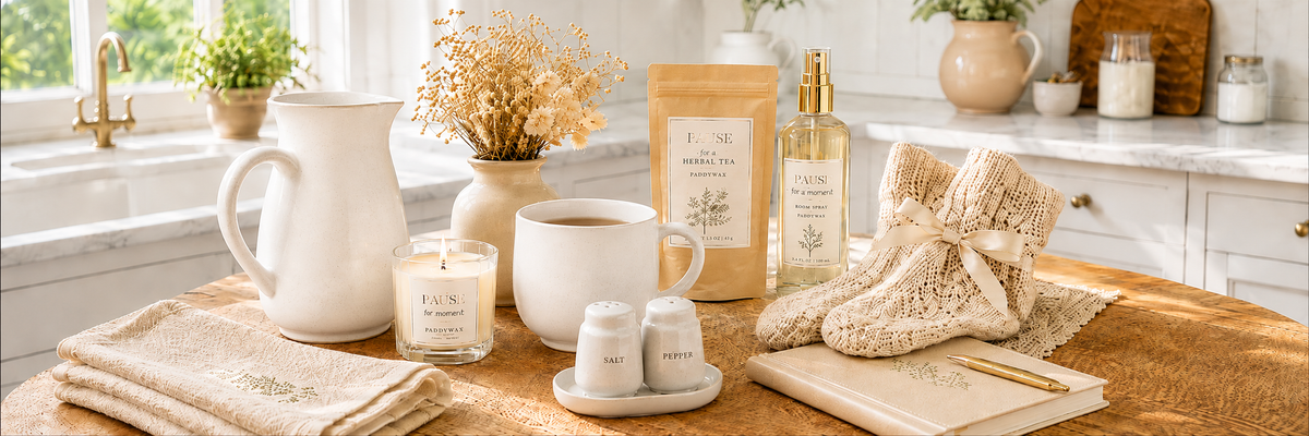 Coffret cadeau personnalisé Pause & réconfort Lainoha avec tasse, chandelle, chocolat chaud, bas douillets et accessoires pour la cuisine dans une ambiance chaleureuse.chaleureuse