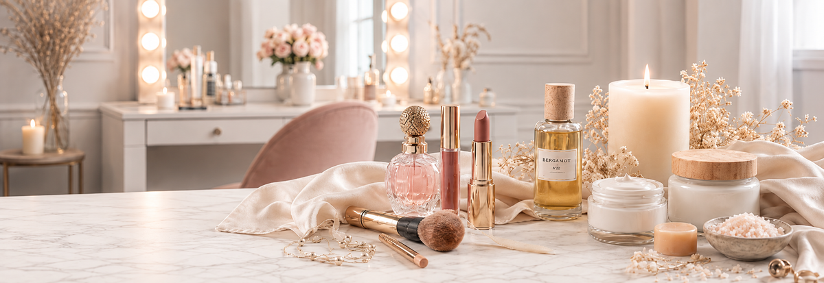 Coffret cadeau personnalisé Beauté Lainoha avec parfum, maquillage, soins et accessoires dans une ambiance élégante.