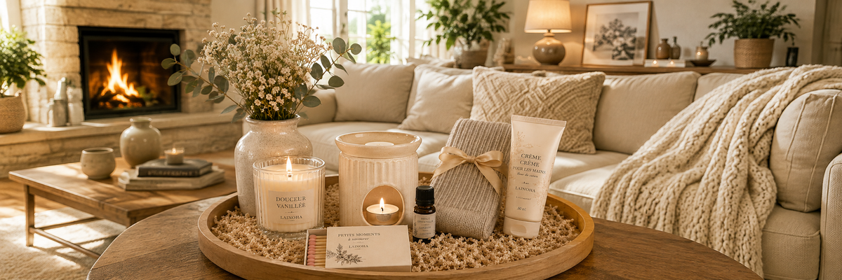 Coffret cadeau personnalisé cocooning et détente Lainoha dans une ambiance chaleureuse avec bougie, accessoires bien-être et décoration douce.