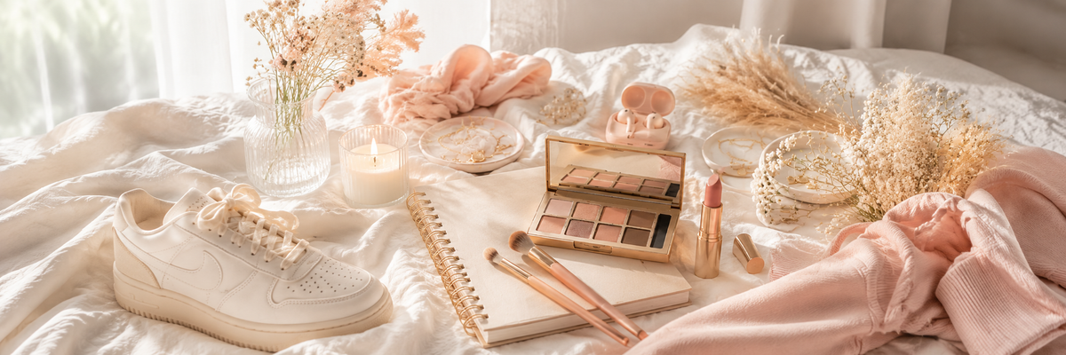 Coffret cadeau personnalisé Jeune femme et tendances Lainoha avec maquillage, accessoires et essentiels lifestyle dans une ambiance féminine.