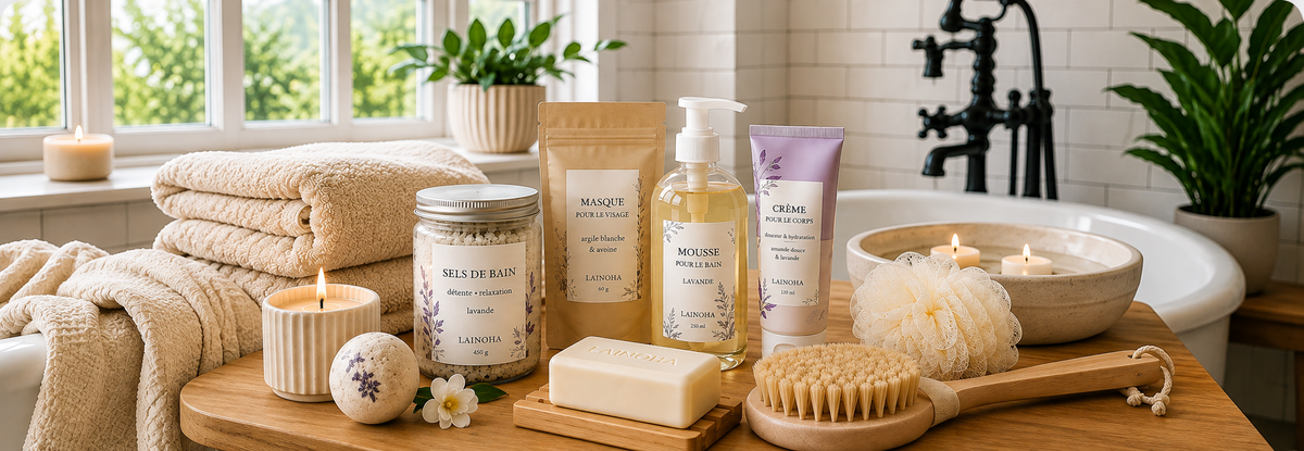Coffret cadeau personnalisé Spa Maison Lainoha avec soins pour le bain, crème corps, sels de bain et accessoires détente dans une ambiance chaleureuse.