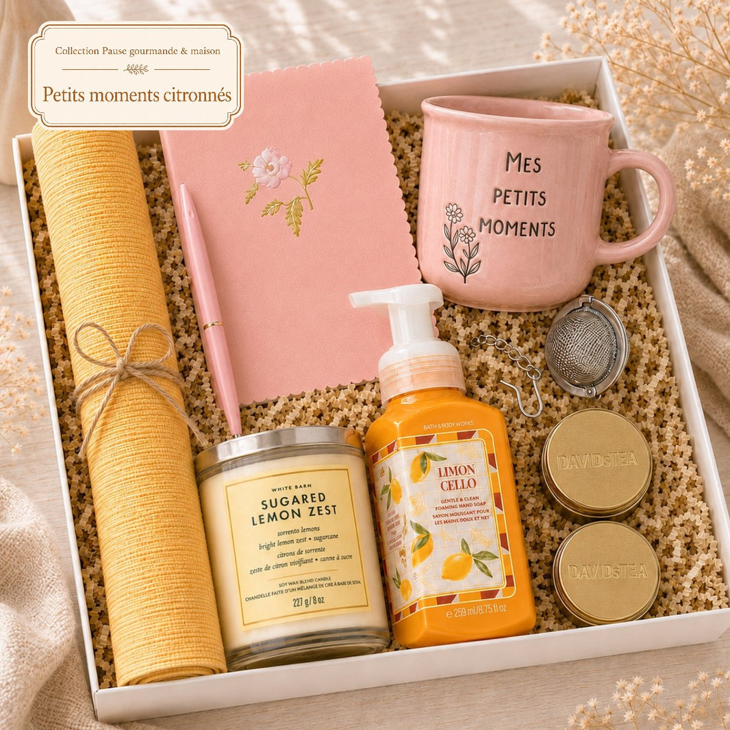 Coffret cadeau Petits Moments Citronnés avec tasse rose, thé, bougie au citron, carnet et savon