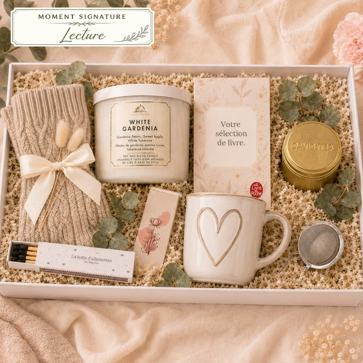 Coffret Moment Signature Lecture avec roman au choix, bougie, bas doux et accessoires cocooning