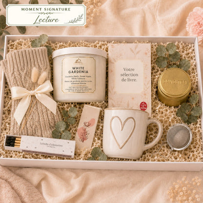 Coffret Moment Signature Lecture avec roman au choix, bougie, bas doux et accessoires cocooning