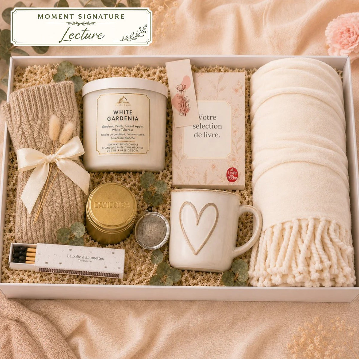 Coffret Moment Signature Lecture avec roman au choix, bougie, bas doux et accessoires cocooning