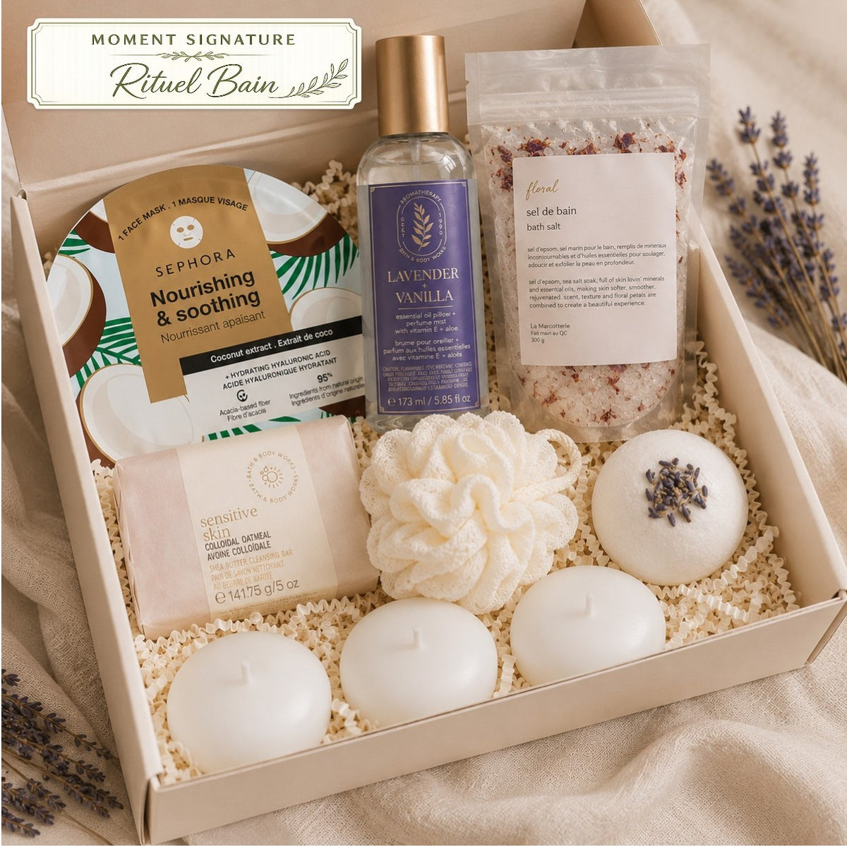 Coffret Moment Signature Rituel bain floral avec sels de bain, bougies, soins et bruine lavande-vanille