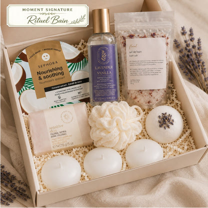 Coffret Moment Signature Rituel bain floral avec sels de bain, bougies, soins et bruine lavande-vanille
