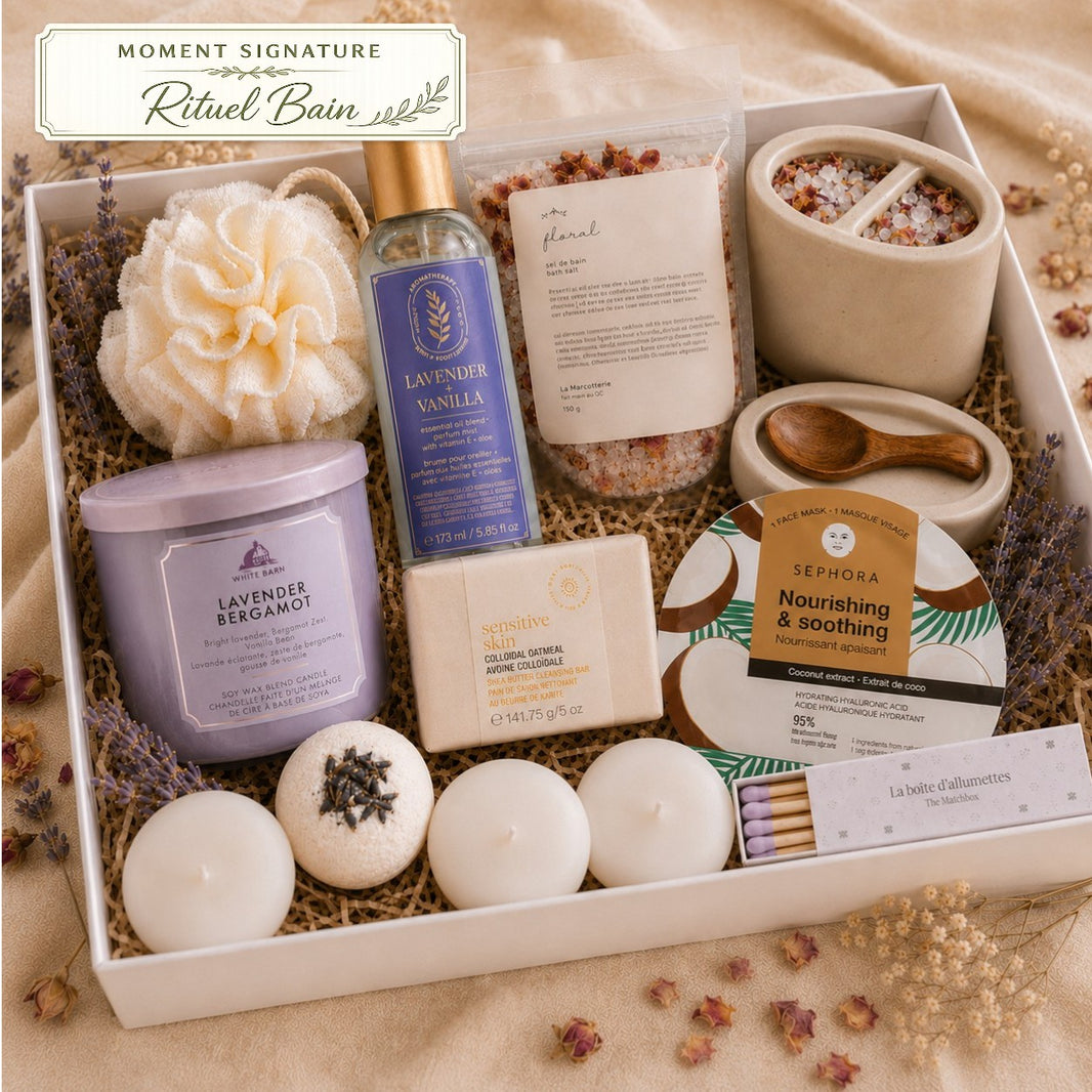 Coffret Moment Signature Rituel bain floral avec sels de bain, bougies, soins et bruine lavande-vanille