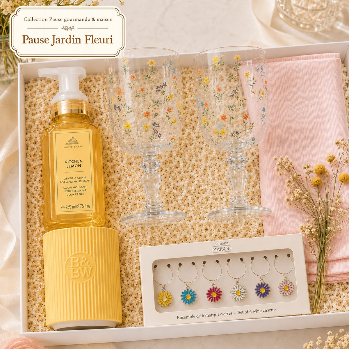 Coffret Pause Jardin Fleuri avec deux coupes fleuries, bougie, marque-verres, savon citronné et serviette de cuisine