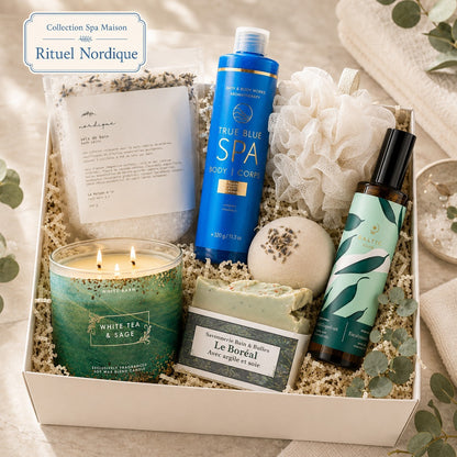 Coffret spa maison Rituel Nordique avec sels de bain, bougie White Tea & Sage, soins corporels et brume d’ambiance.