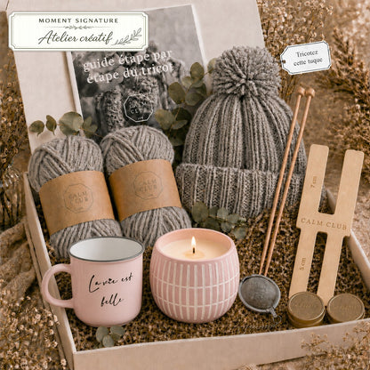Coffret tricot cadeau Mailles et Cocon avec kit pour tuque, thé, tasse, infuseur et bougie