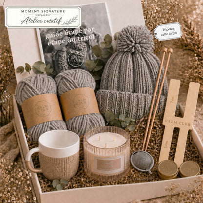 Coffret tricot cadeau Mailles et Cocon avec kit pour tuque, thé, tasse, infuseur et bougie