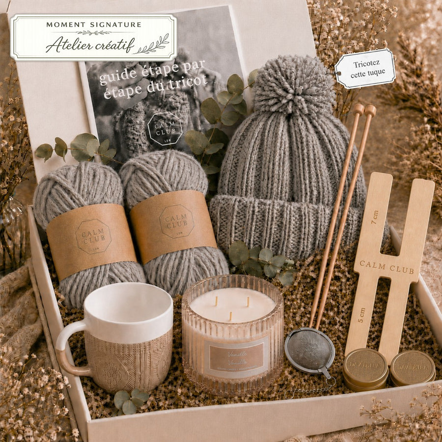 Coffret tricot cadeau Mailles et Cocon avec kit pour tuque, thé, tasse, infuseur et bougie