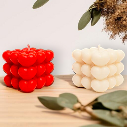 Duo décoratif cœur & bois – Bougie artisanale forme de cœur et sous-plat en bois
