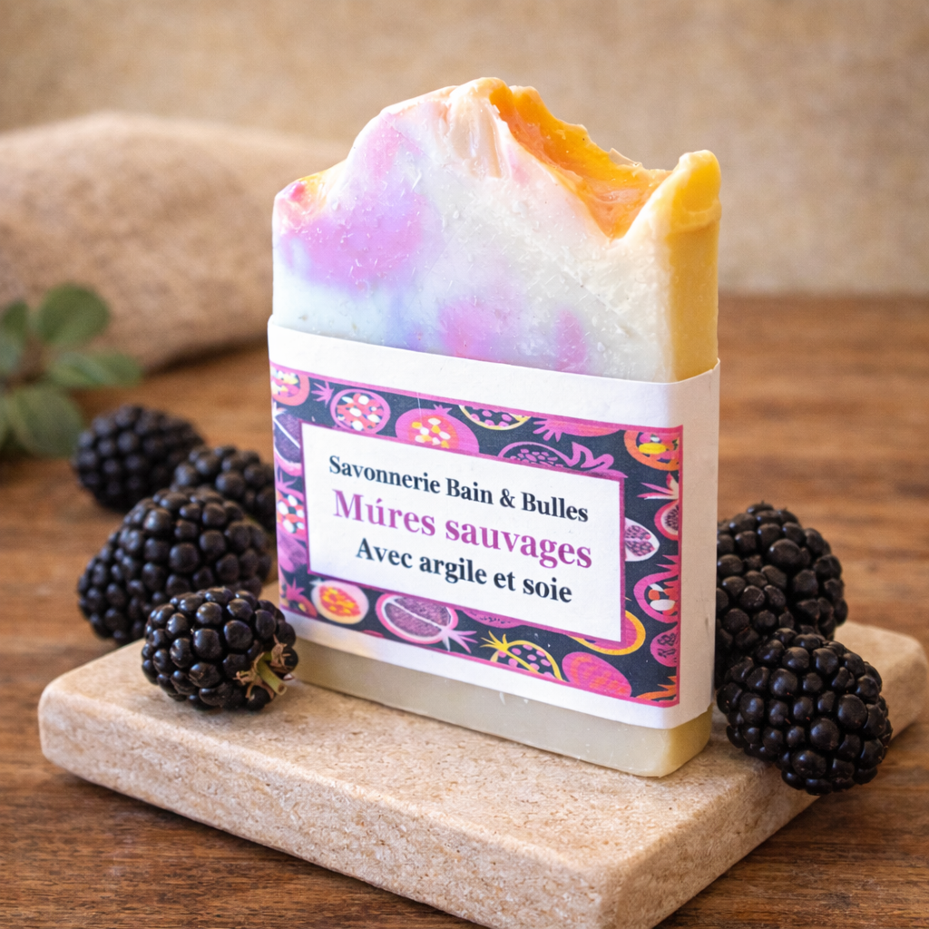 Savon en barre artisanal – Mûres sauvages – Argile et soie - Savonnerie Bain & Bulles