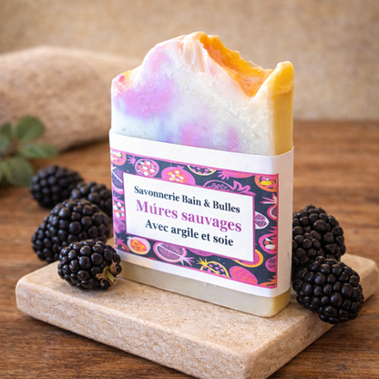 Savon en barre artisanal – Mûres sauvages – Argile et soie - Savonnerie Bain & Bulles