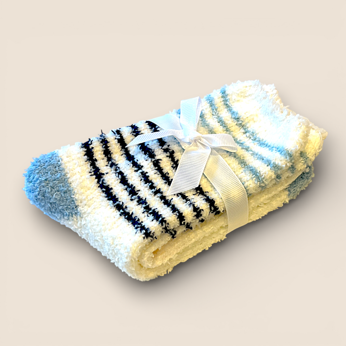 Bas confort rayé peluche – Blanc crème & rayures bleues foncées